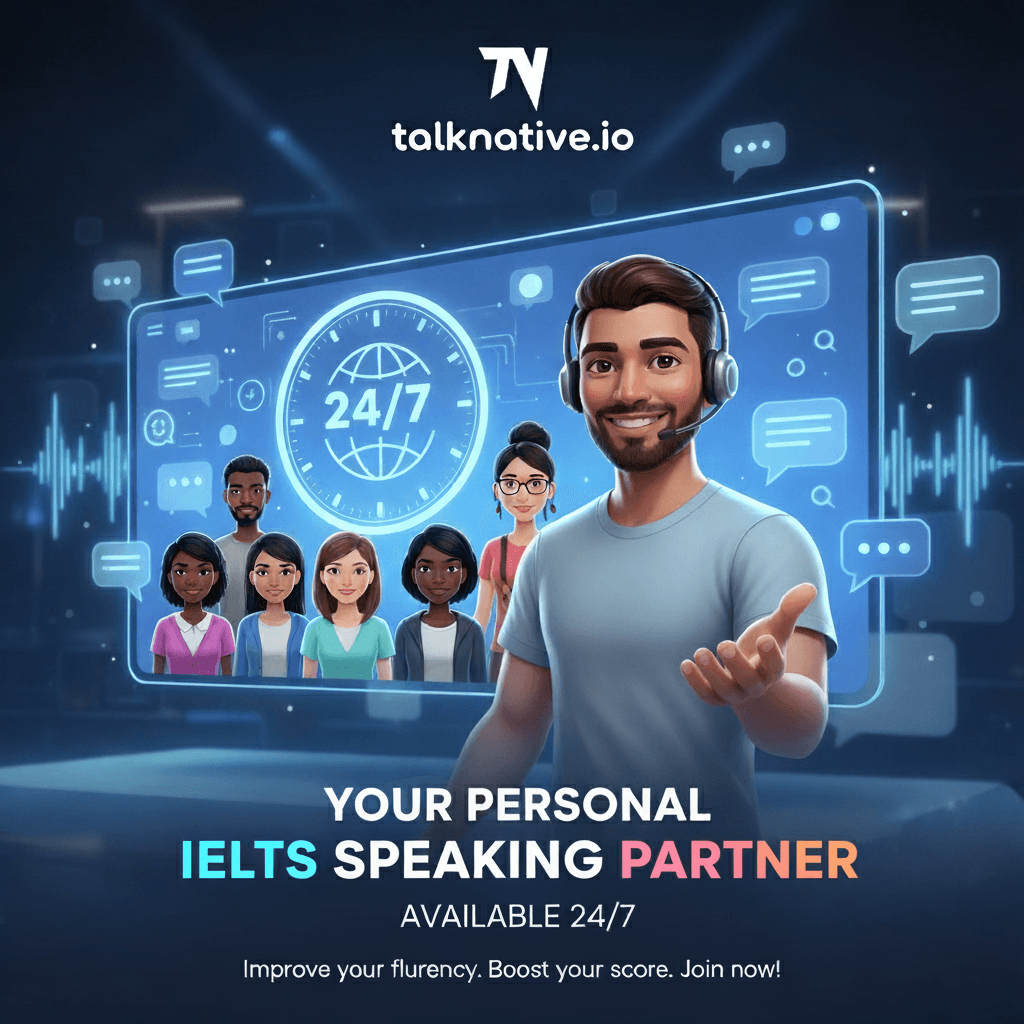 TalkNative IELTS Speaking mock test screen with AI examiner