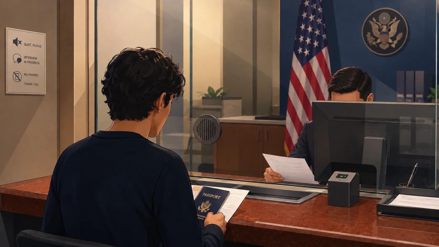 A visa applicant at a U.S. consular interview window