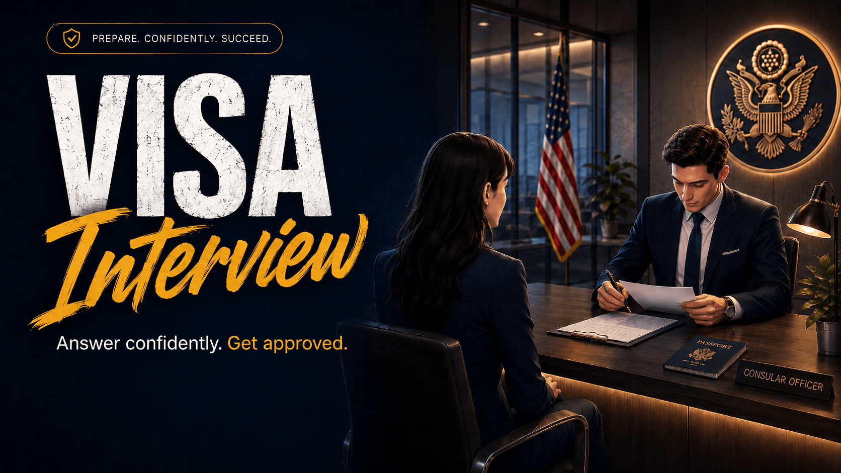 Visa Interview — an applicant seated across the desk from a consular officer